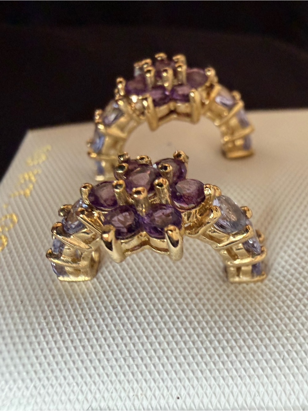 10K Gold Purple Amethyst Floral Hoop Earrings - Picture 2 of 3